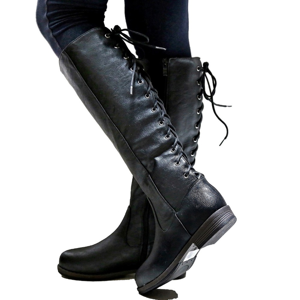 New Black Lace Up Western Knee High Riding Boots